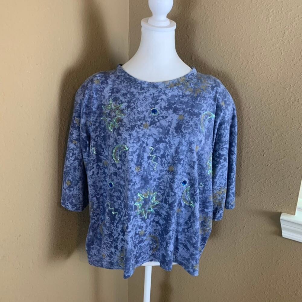 Vintage 90s Celestial Sun Moon Rhinestone Top Blue Made USA XL 1X